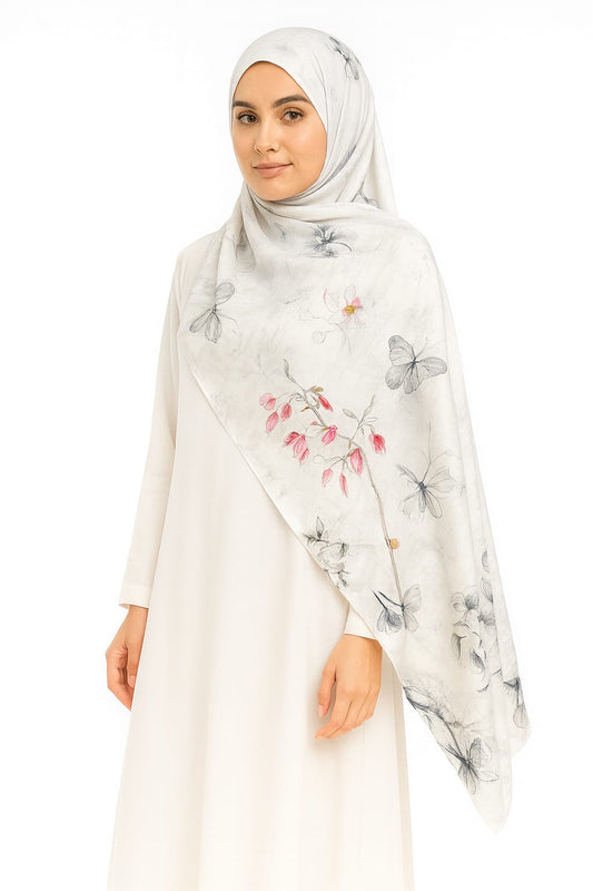 Large Satin Silk Scarf - White Butterfly Floral