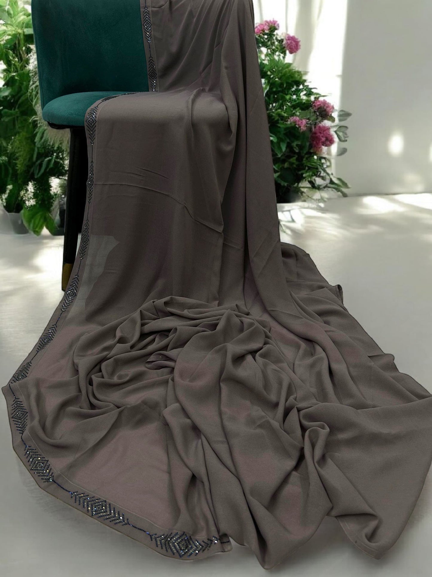 Warm Grey Linear Border Embroidered Korean Shaal