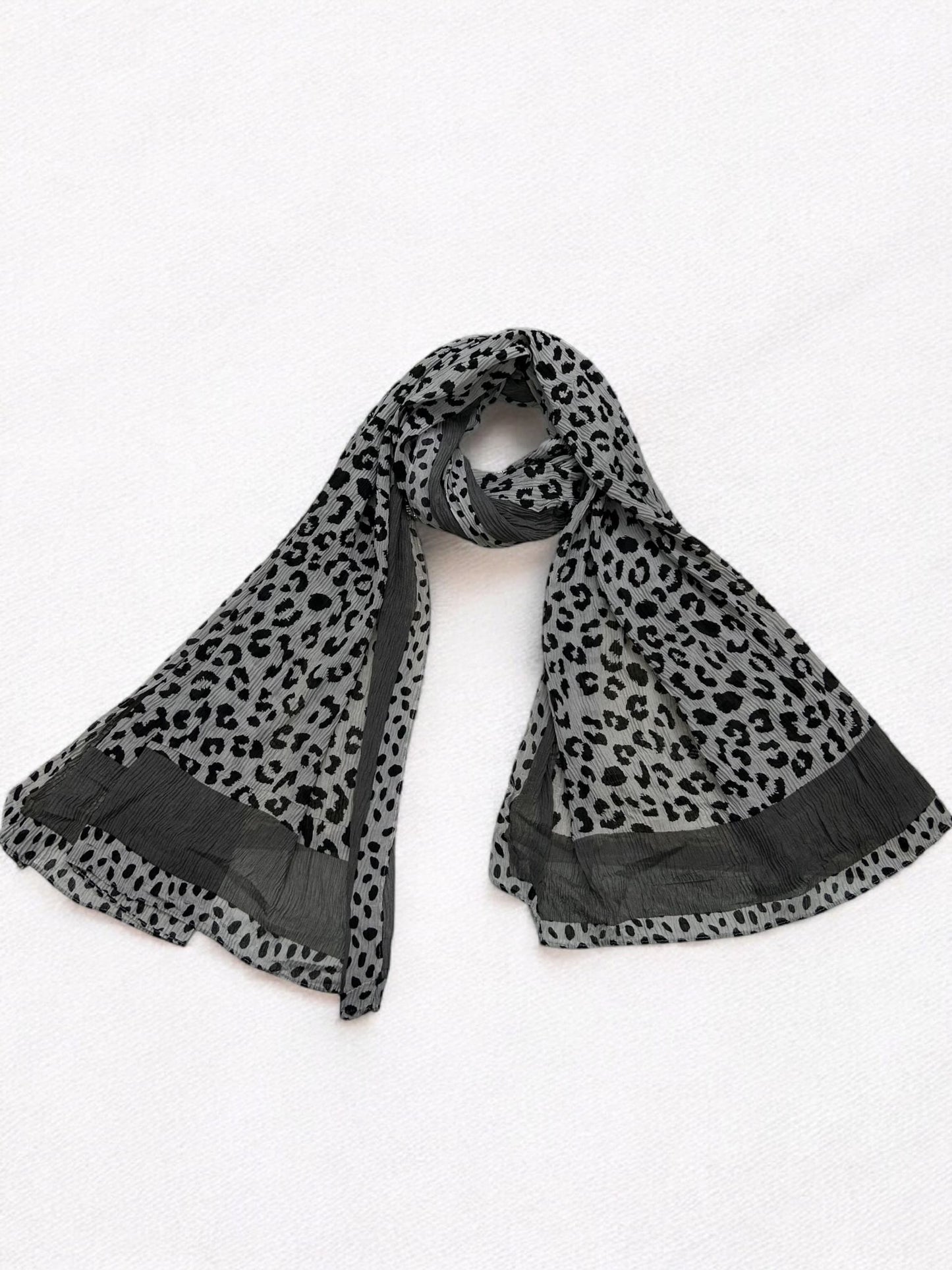 Grey Silver Plain Border Leopard Printed Pleated Modal Hijab