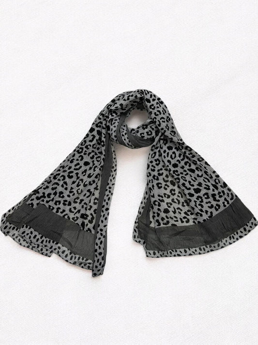 Grey Silver Plain Border Leopard Printed Pleated Modal Hijab