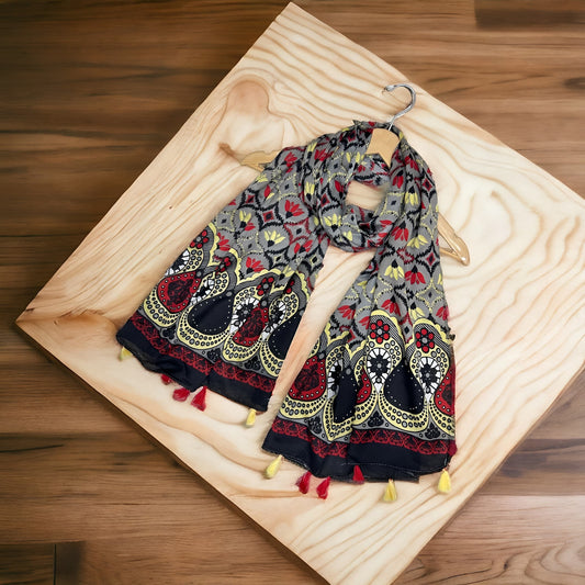 Black Red Yellow Paisley Printed Lawn Tassel Hijab