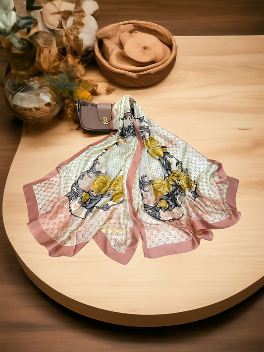 Large Satin Silk Scarf - Nude Pink Bloom