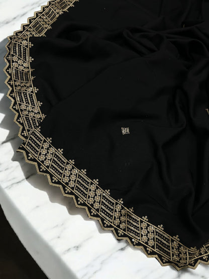 Black Cream Geometric Cutwork Border Shaal