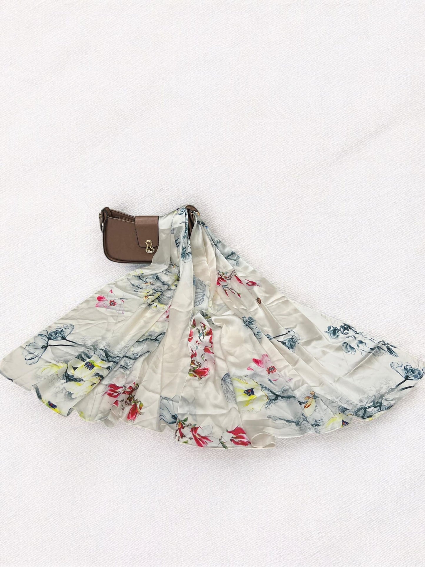 Large Satin Silk Scarf - White Blue Floral Garden
