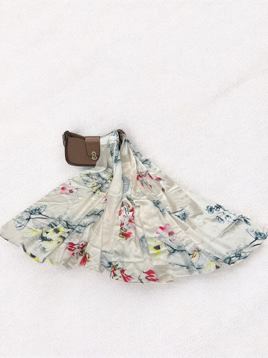 Large Satin Silk Scarf - White Blue Floral Garden