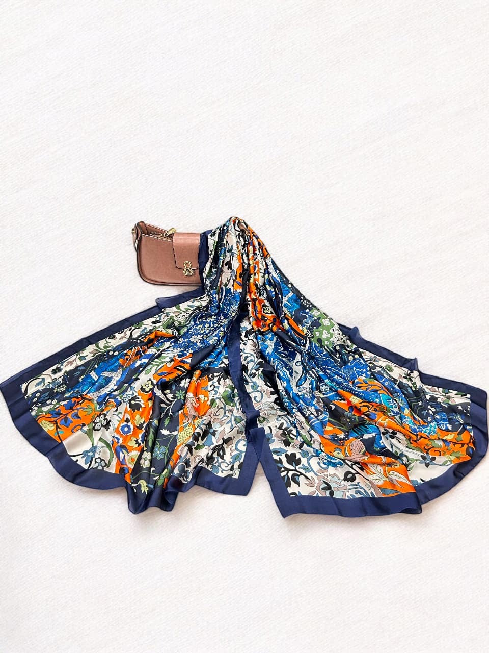 Large Satin Silk Scarf - Blue White Multi Floral