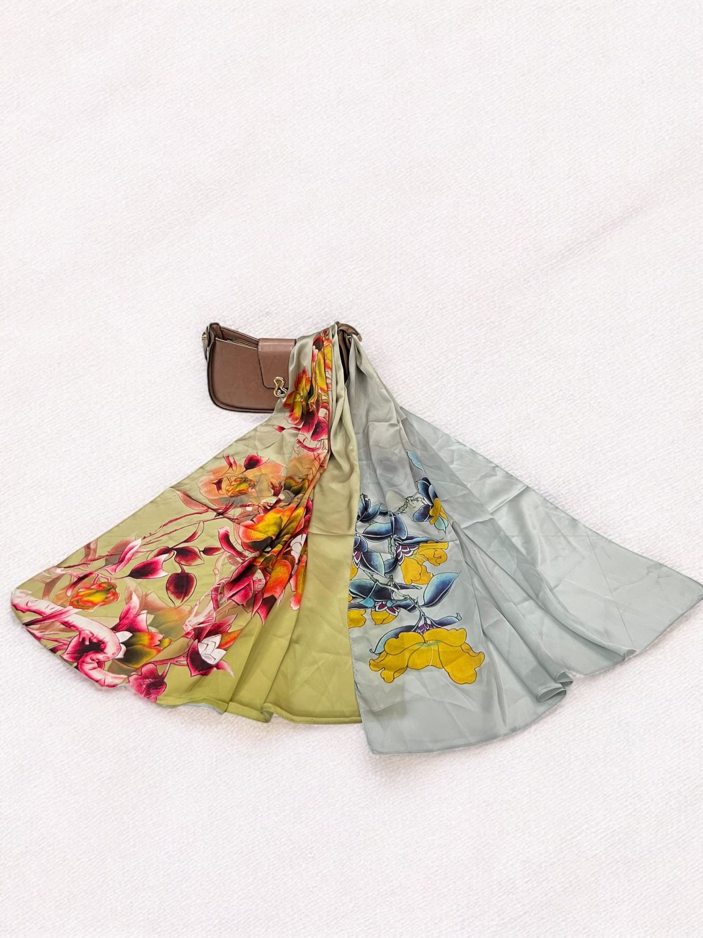Large Satin Silk Scarf - Olive Grey Floral