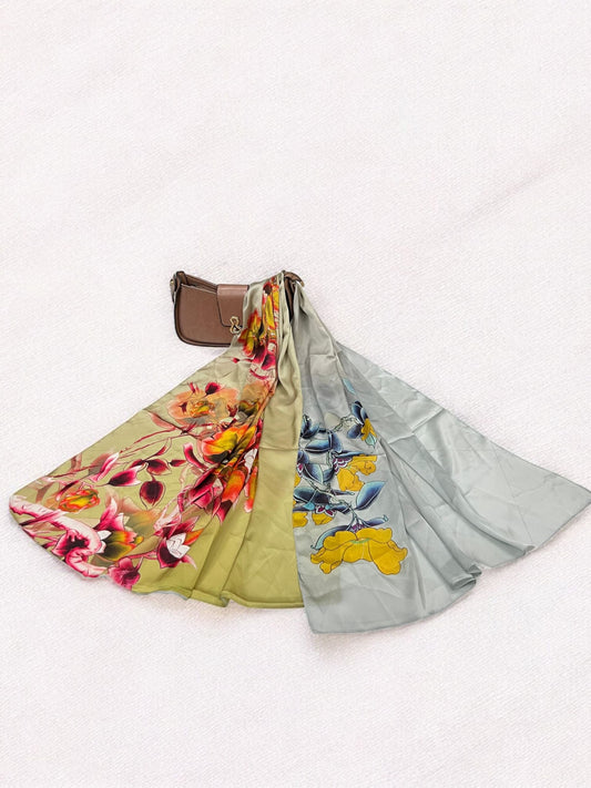 Large Satin Silk Scarf - Olive Grey Floral