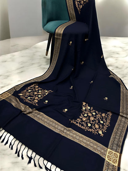 Black Beige Border Embroidered Peach Floral Shawl
