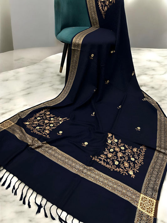 Black Beige Border Embroidered Peach Floral Pashmina Shawl