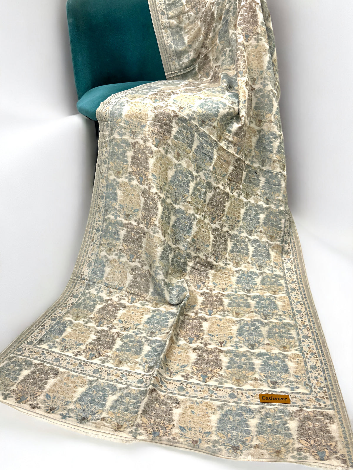 Creamy Silver Blue Floral Paisleys Kani Pashmina Hijab