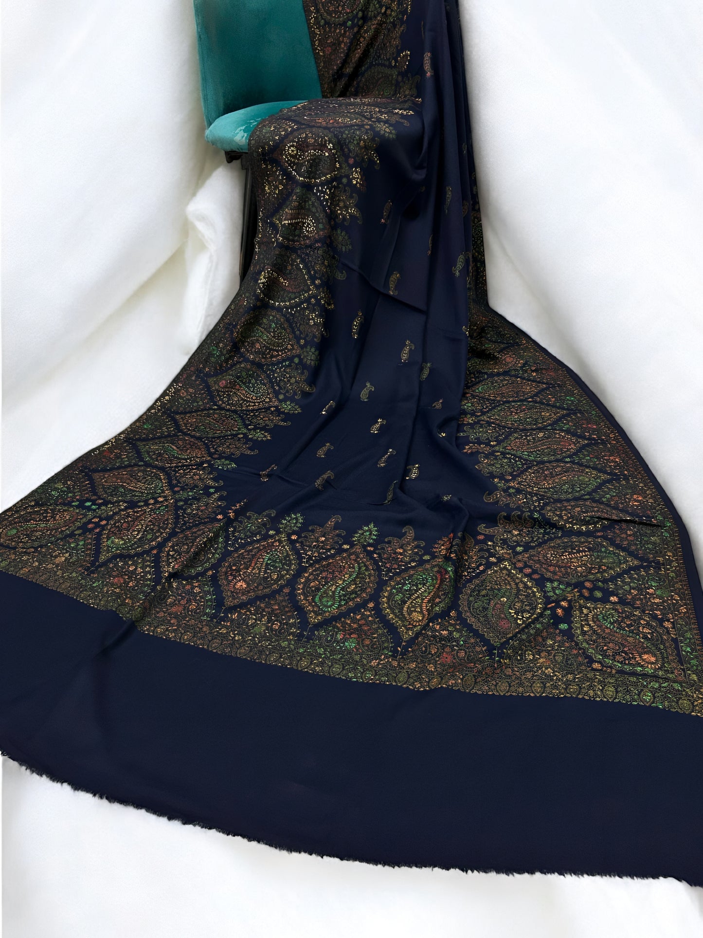 Midnight Blue Multi - Hand Embroidered Paisley Kashmiri Shawl