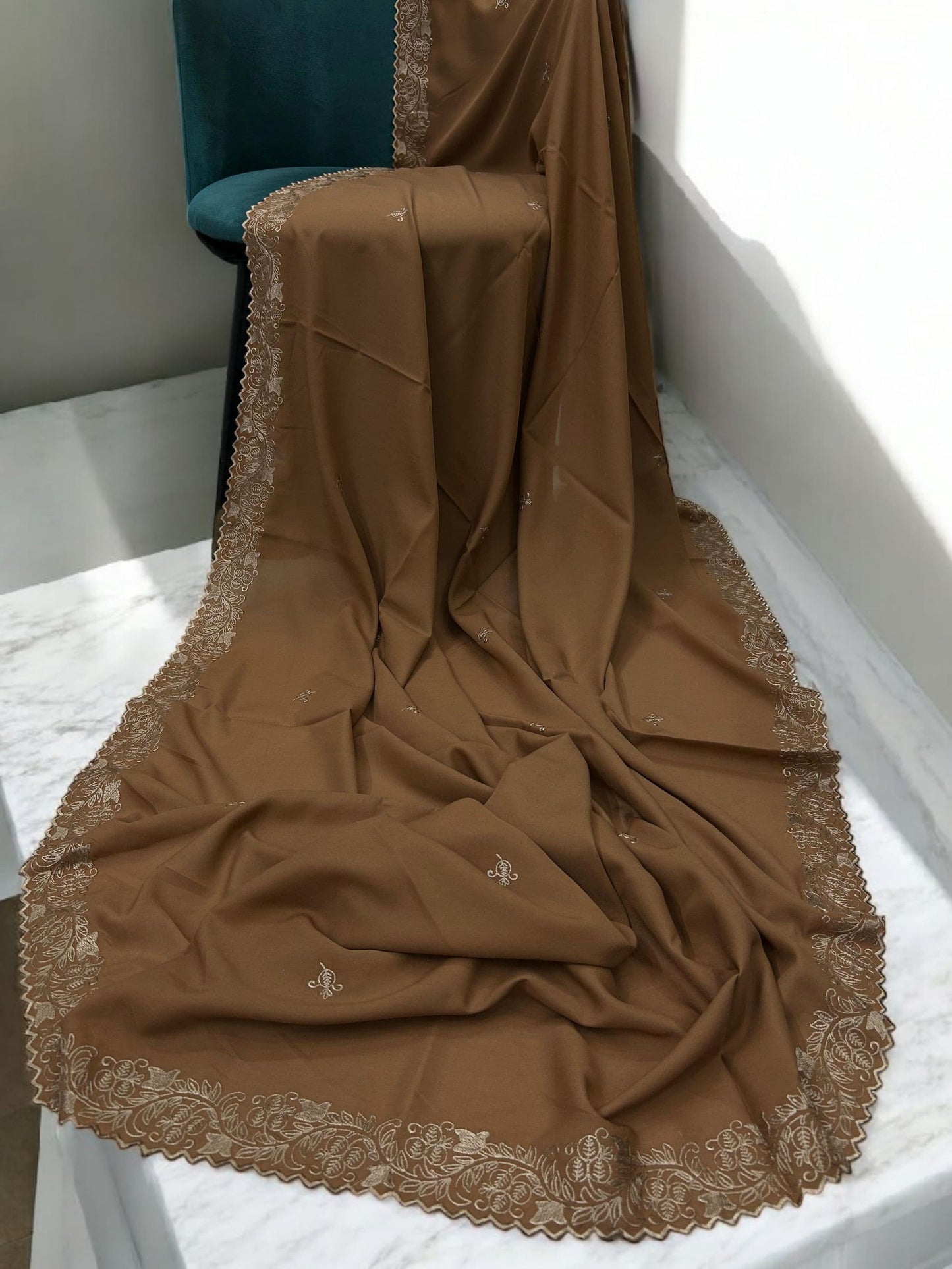 Caramel Brown Cutwork Embroidered Border Shaal