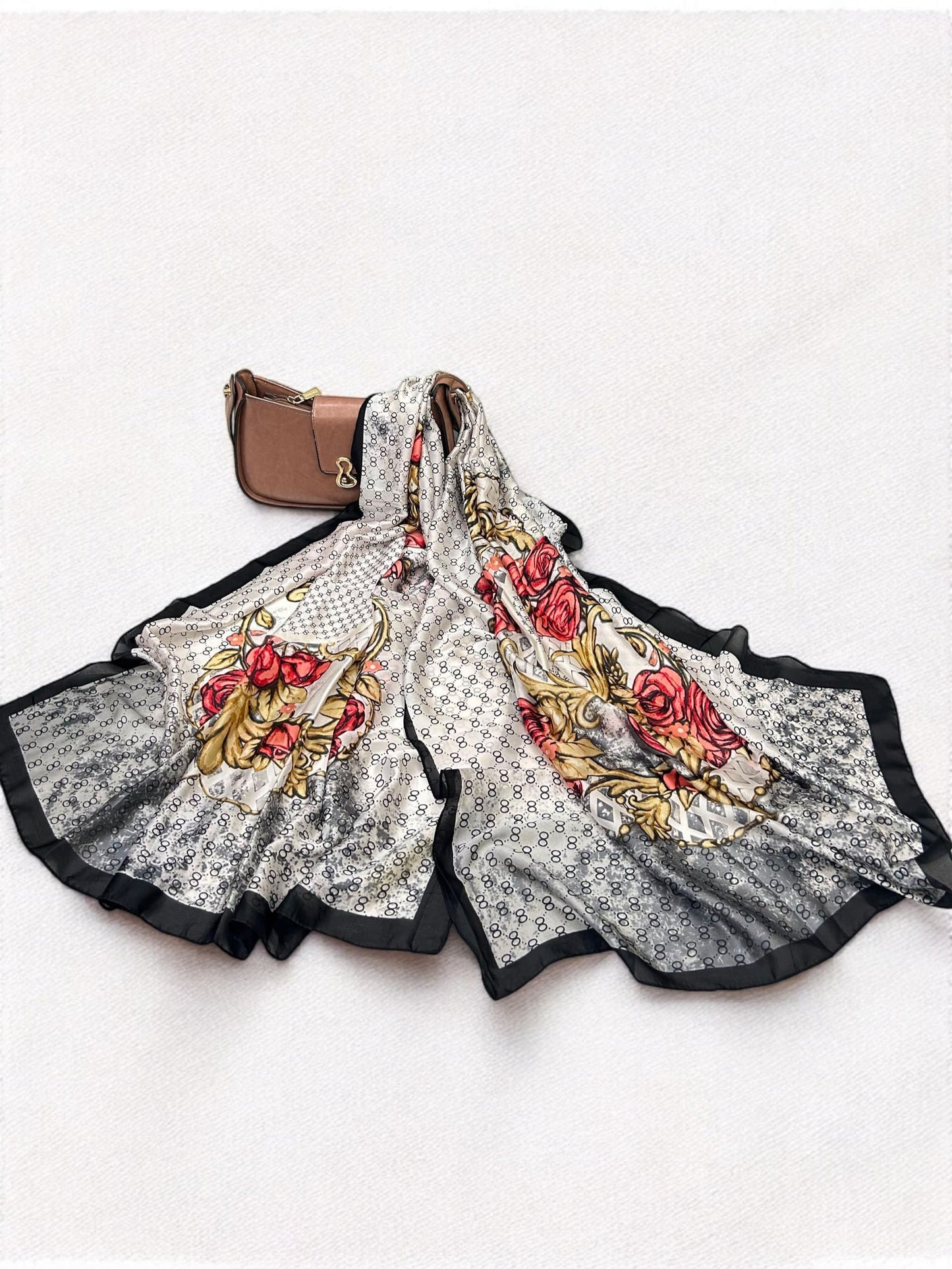 Large Satin Silk Scarf - White Black Gucci Floral