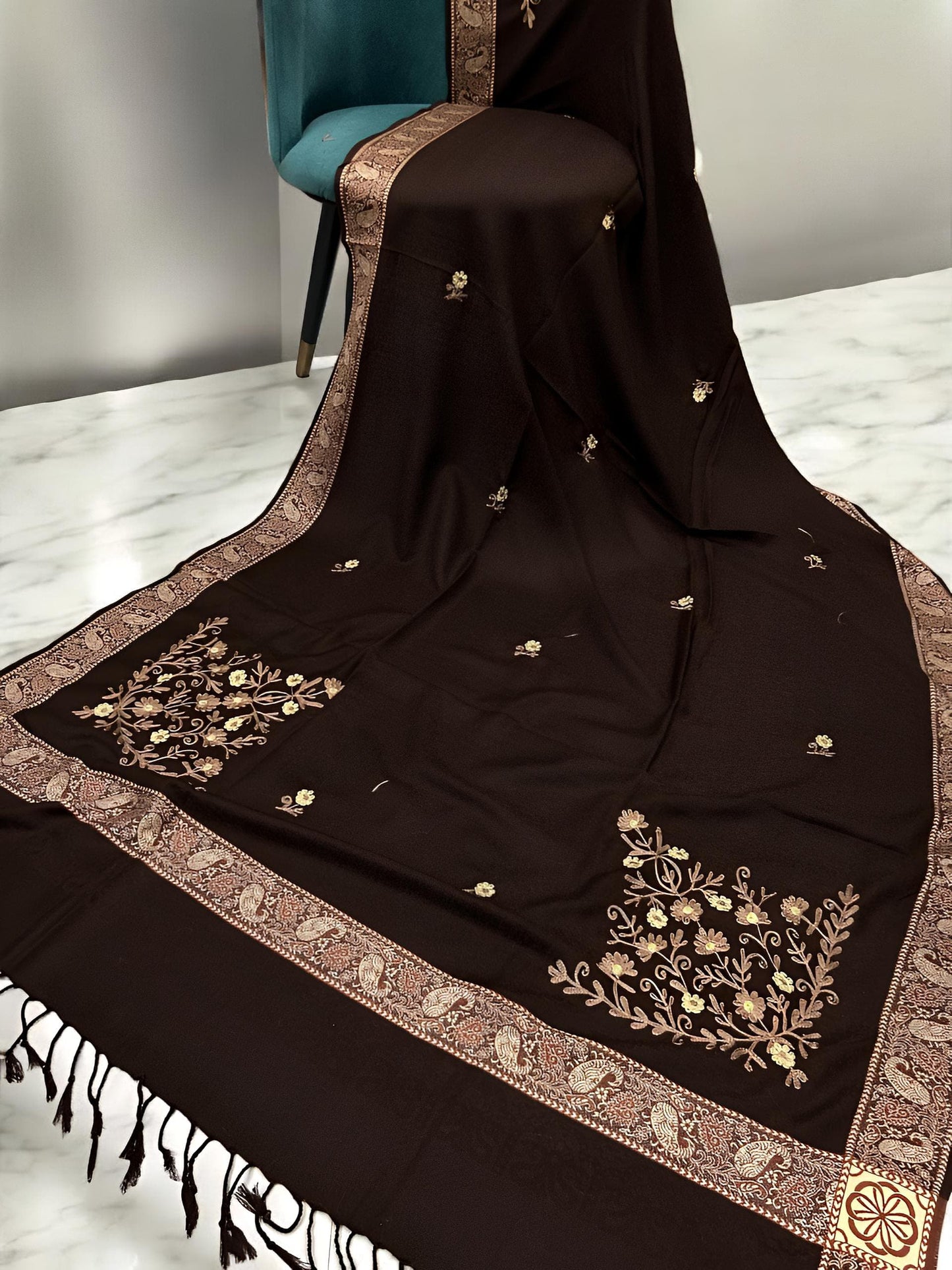 Chocolate Peach Border Embroidered Pink Floral Shawl