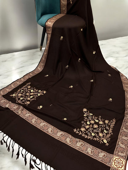 Chocolate Peach Border Embroidered Pink Floral Shawl