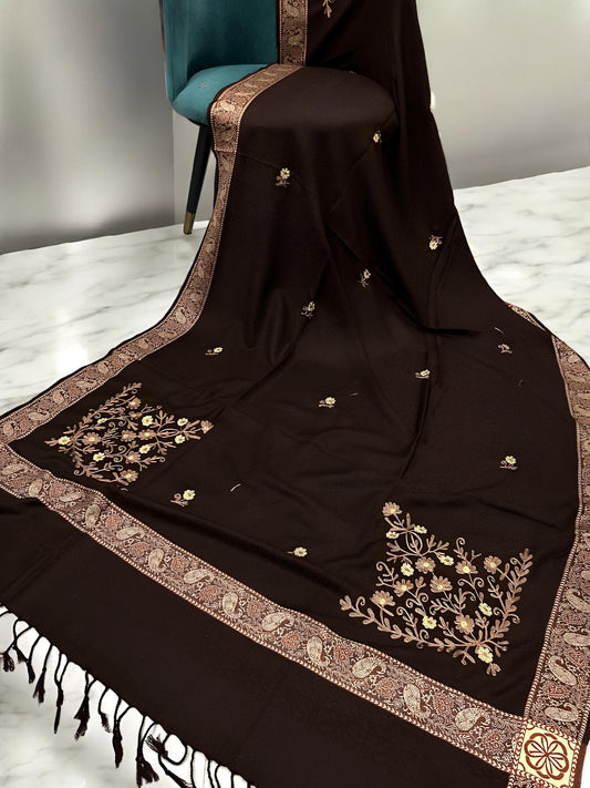 Chocolate Peach Border Embroidered Pink Floral Pashmina Shawl