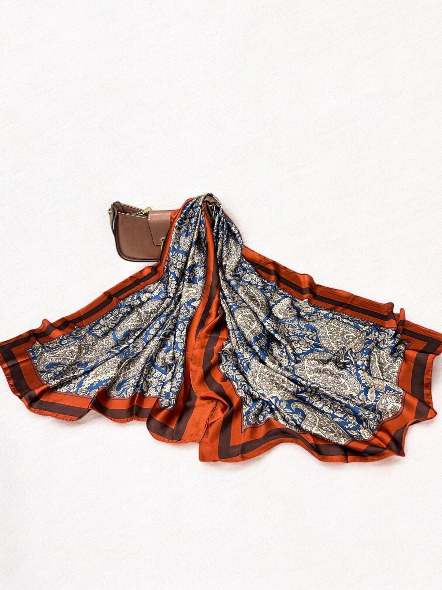 Large Satin Silk Scarf - Blue Brown Floral Paisley
