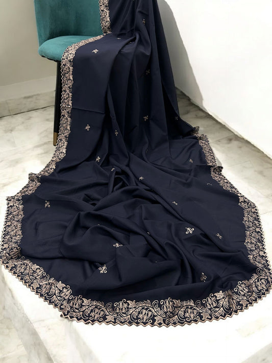 Navy Cream Cutwork Embroidered Border Shaal