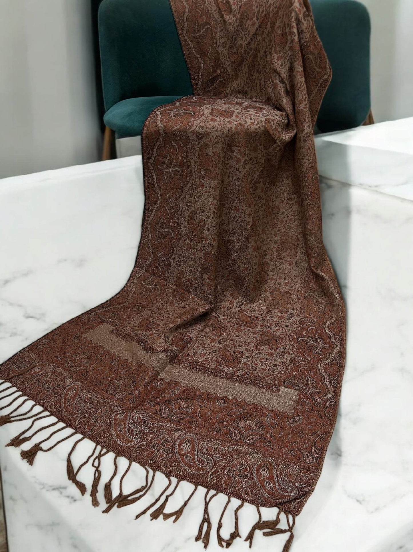 Beige Brown Rust Red Two-tone Paisley Pashmina Hijab
