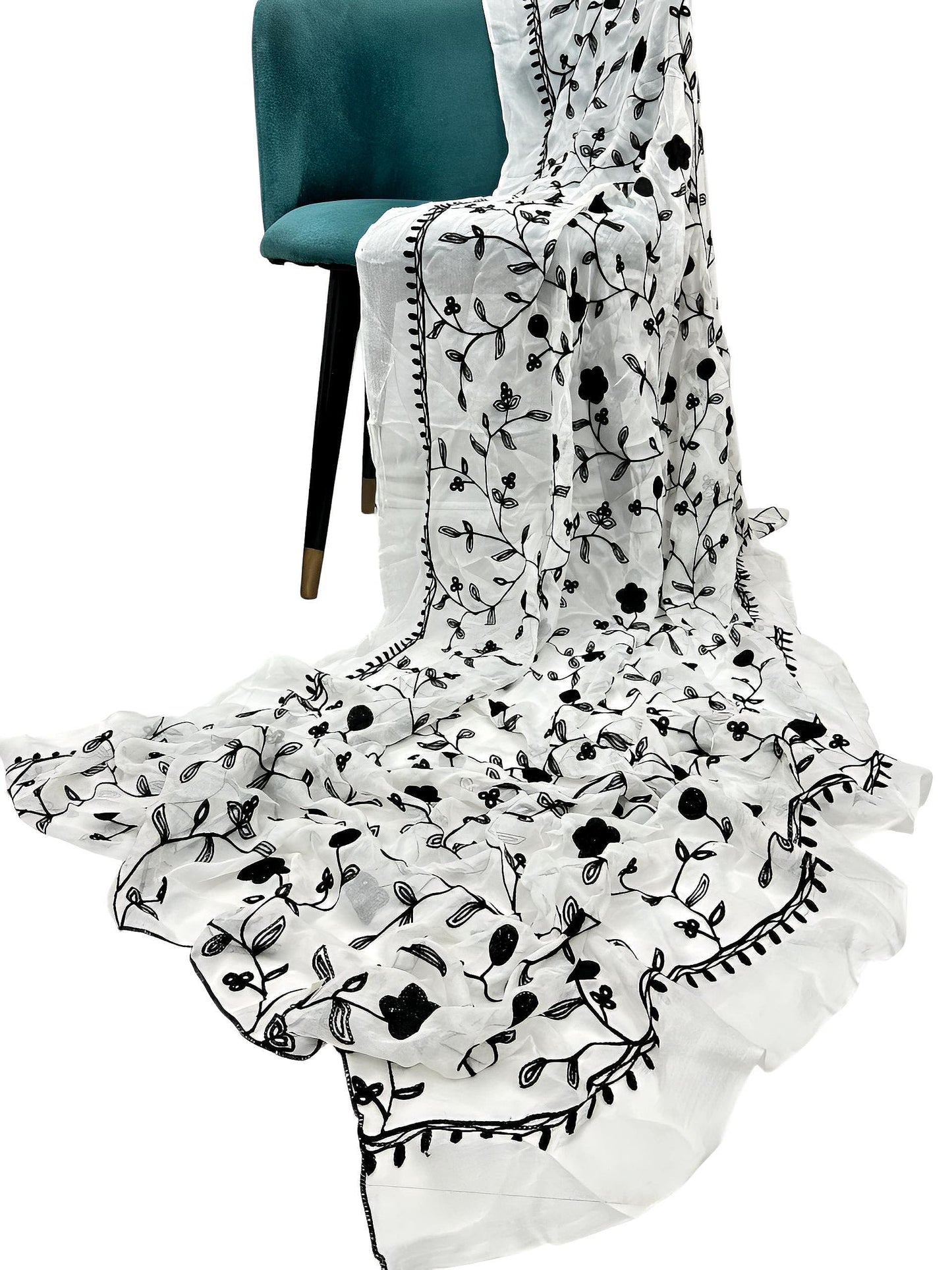 Black & White Carnation Embroidered Chiffon Dupatta