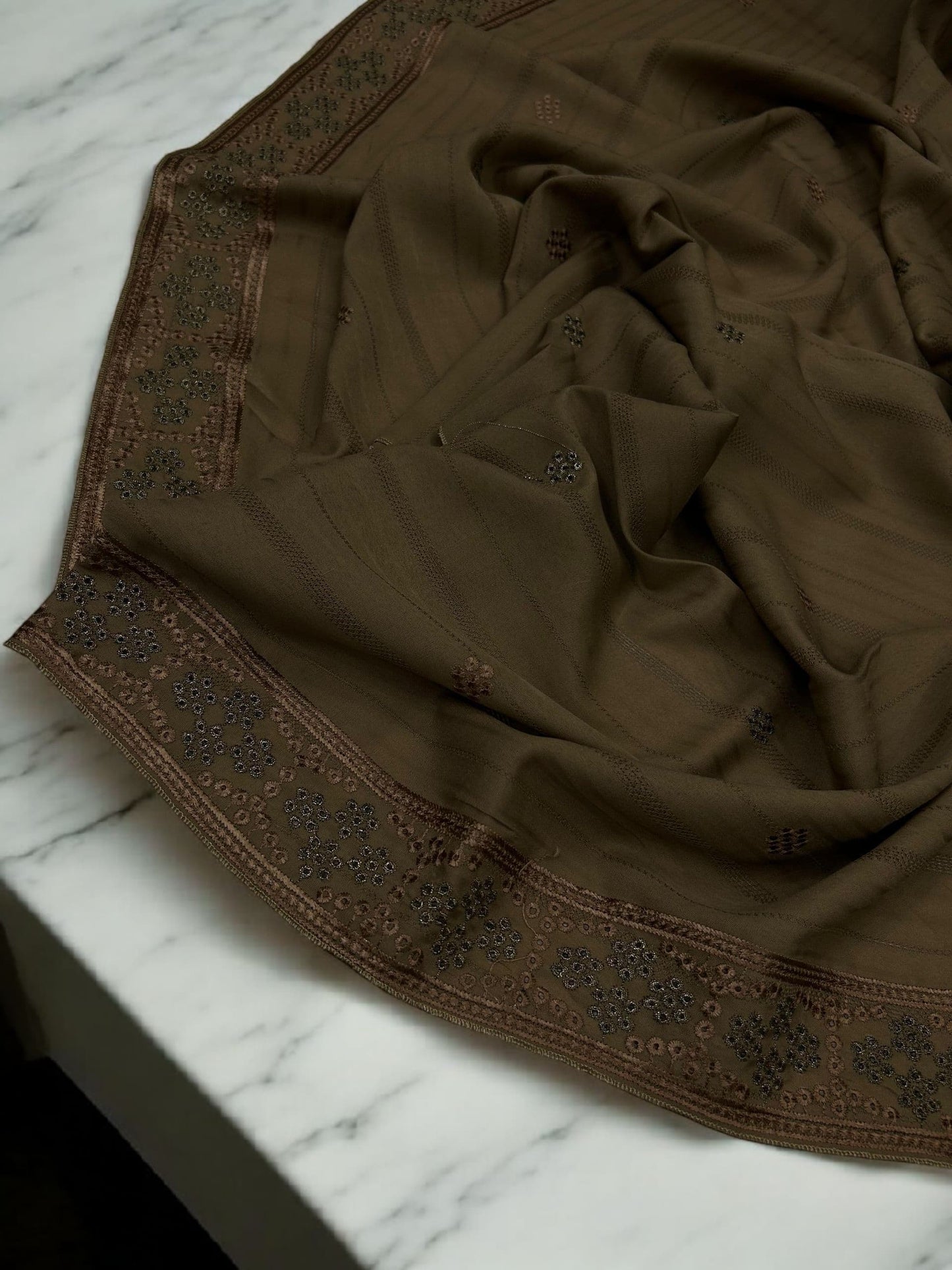 Mud Brown Beige Honeycomb Fancy Self Embroidered Shaal