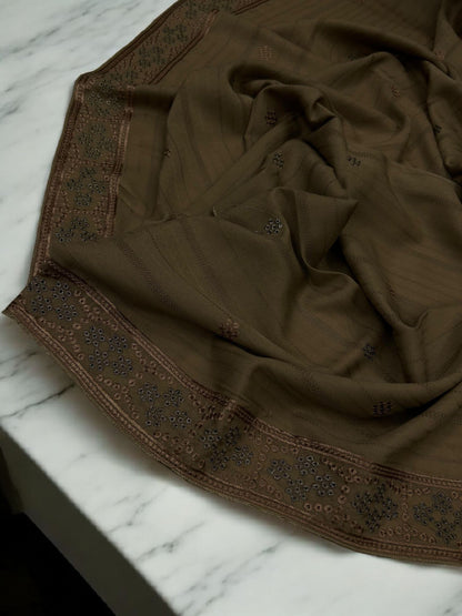 Mud Brown Beige Honeycomb Fancy Self Embroidered Shaal