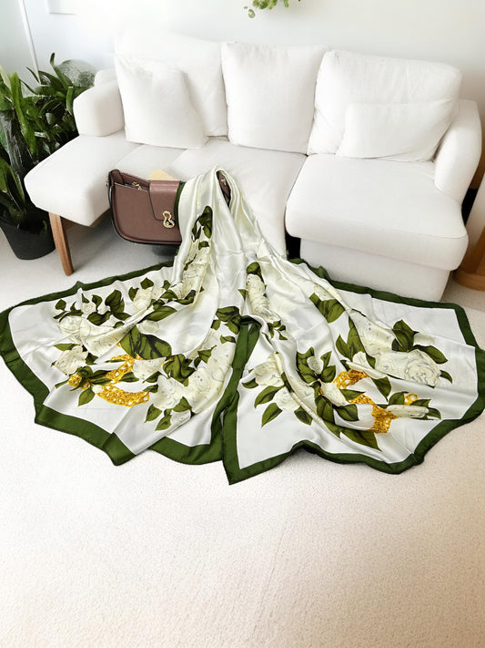 Large Satin Silk Scarf - White Green Floral Leaves