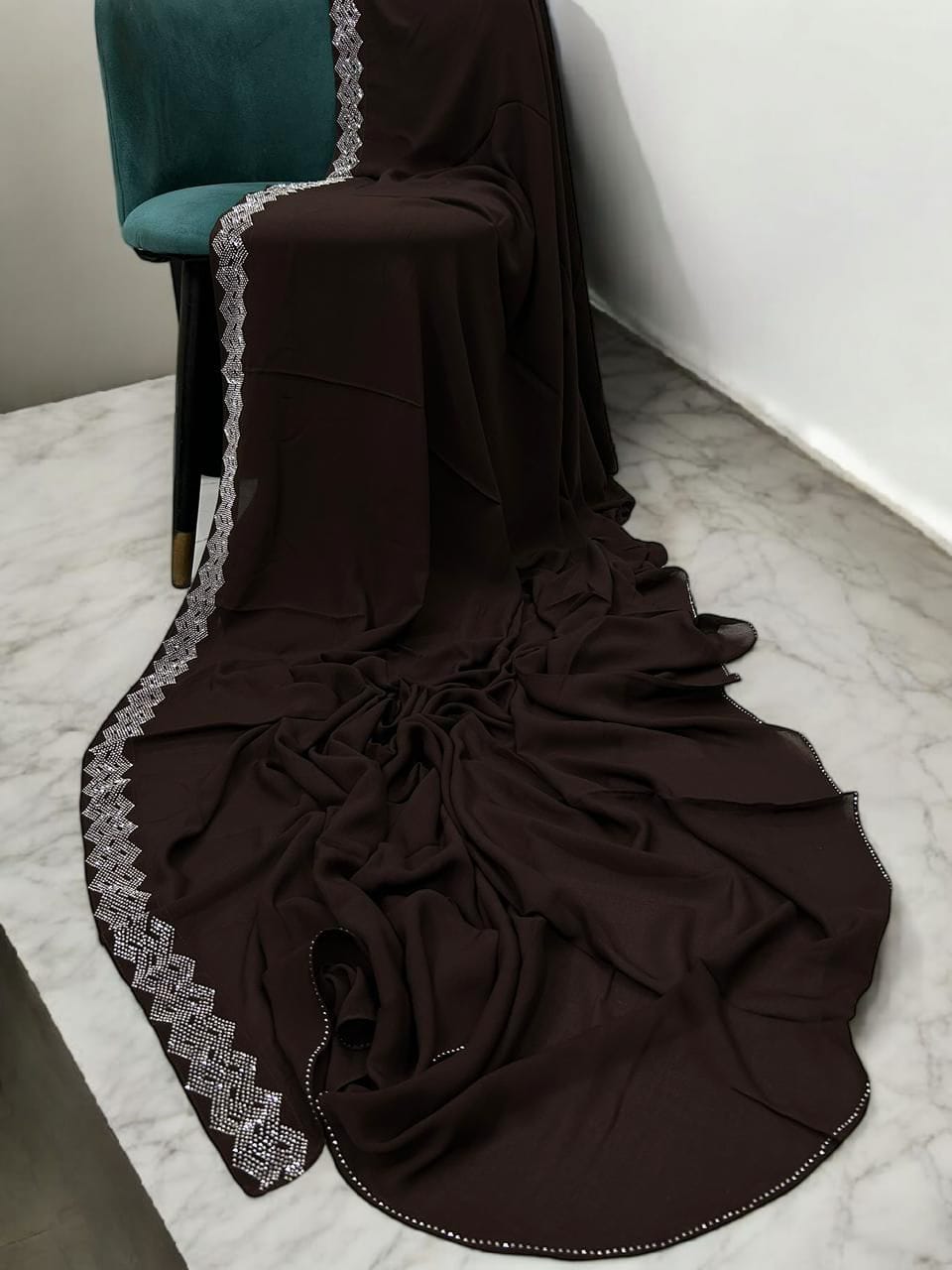 Walnut Brown Curved Silver Border Korean Shaal