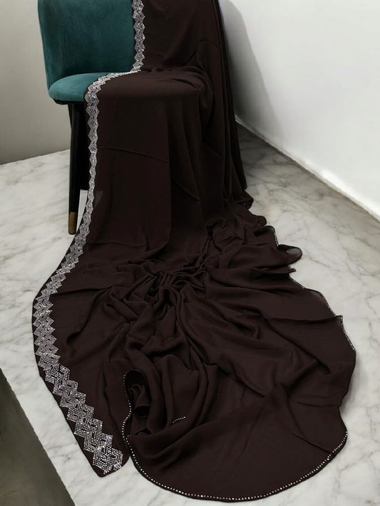 Walnut Brown Curved Silver Border Korean Shaal