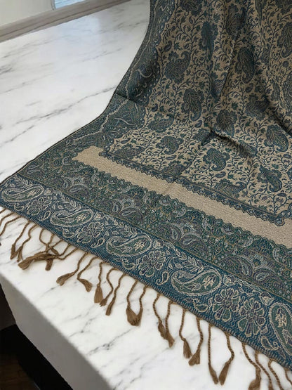 Beige Sea Blue Two-tone Paisley Pashmina Hijab