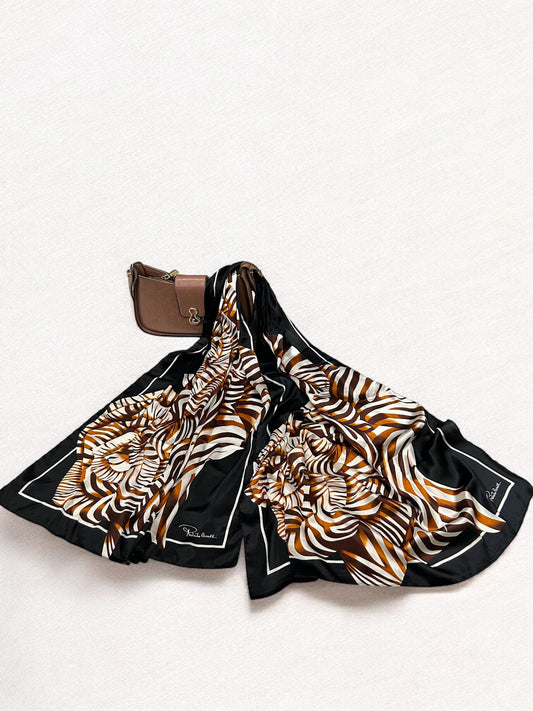 Satin Silk Scarf - Black Brown Zebra Roberto Cavalli
