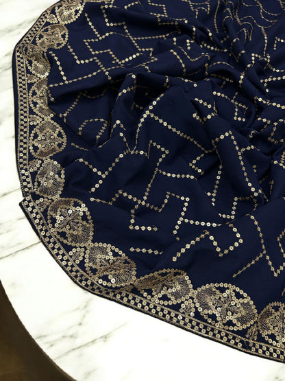 Navy Gold Sequence Bridal Embroidered Shaal