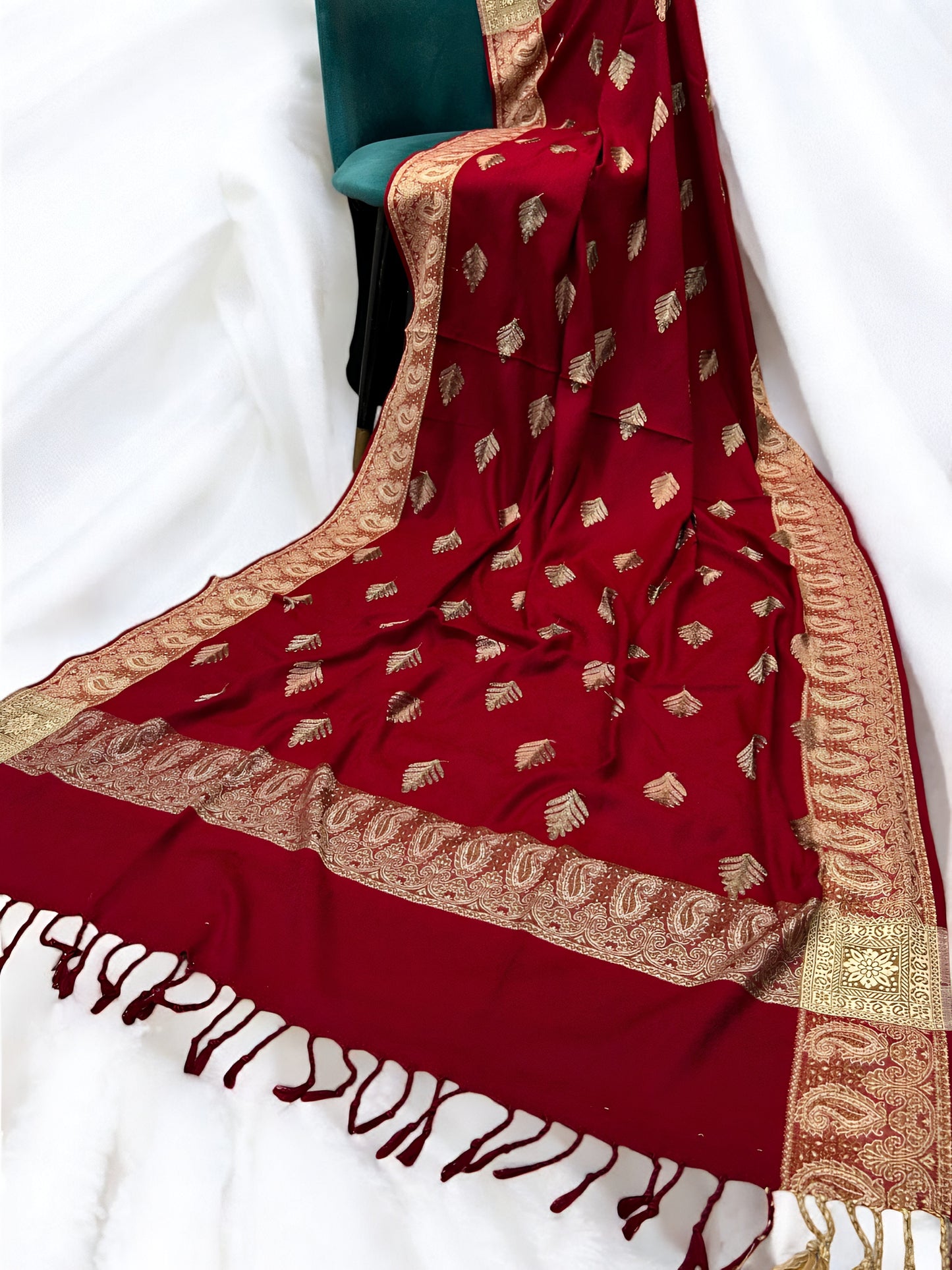 Red - Leaflet Kashmiri Border Shawl