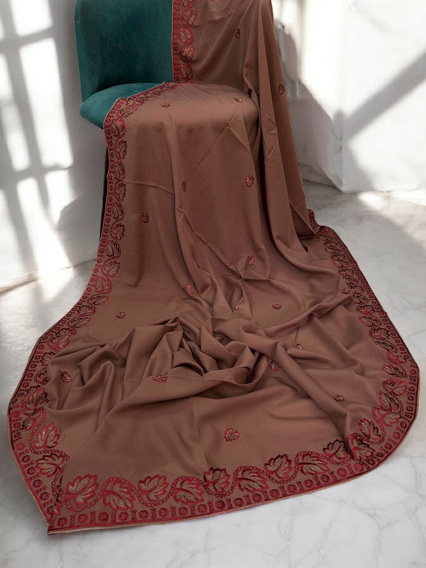 Terracotta Red Leaflets Fancy Embroidered Shaal