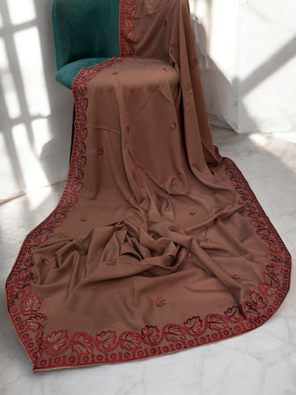 Terracotta Red Leaflets Fancy Embroidered Shaal