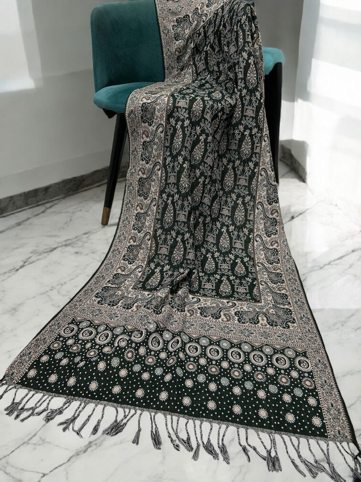 Black Creamy Beige dotted two-tone Paisley Pashmina Hijab