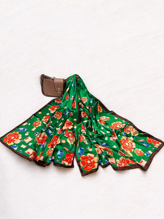 Satin Silk Scarf - Forest Green Red Diamonds
