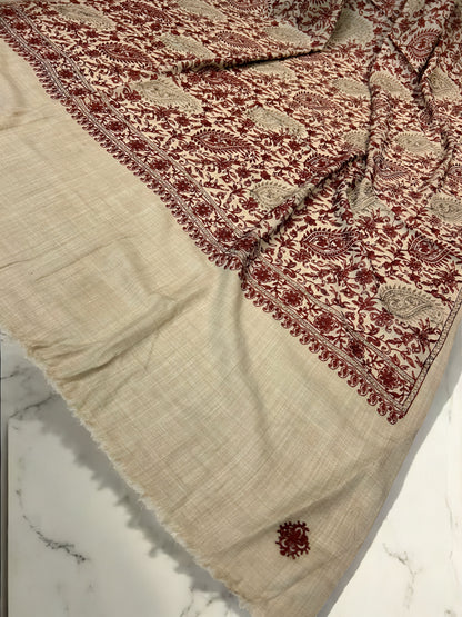 Beige Maroon - Embroidered Kalamkar Kashmiri Shawl