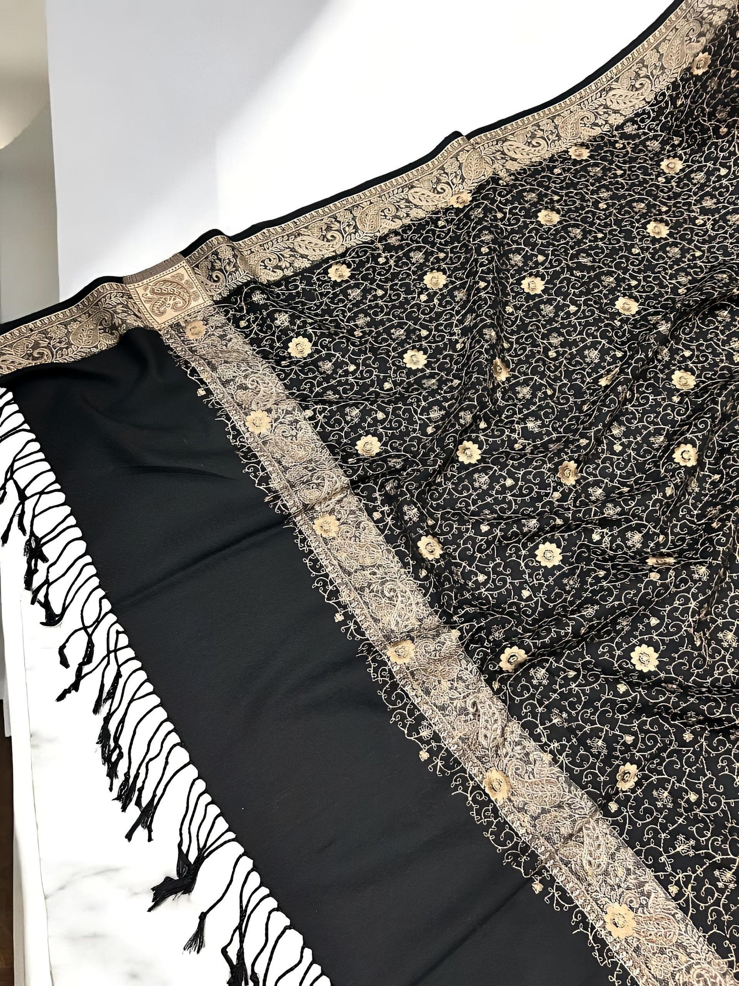 Black Creamy Gold Threadwork Hand Embroidered Pashmina Shawl