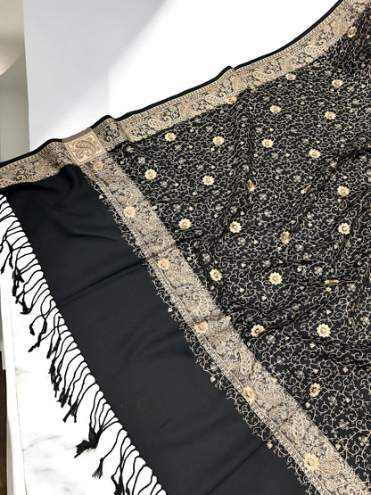 Black Creamy Gold Threadwork Hand Embroidered Pashmina Shawl