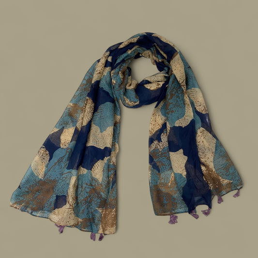 Blue Beige Patterned Flower Printed Modal Hijab