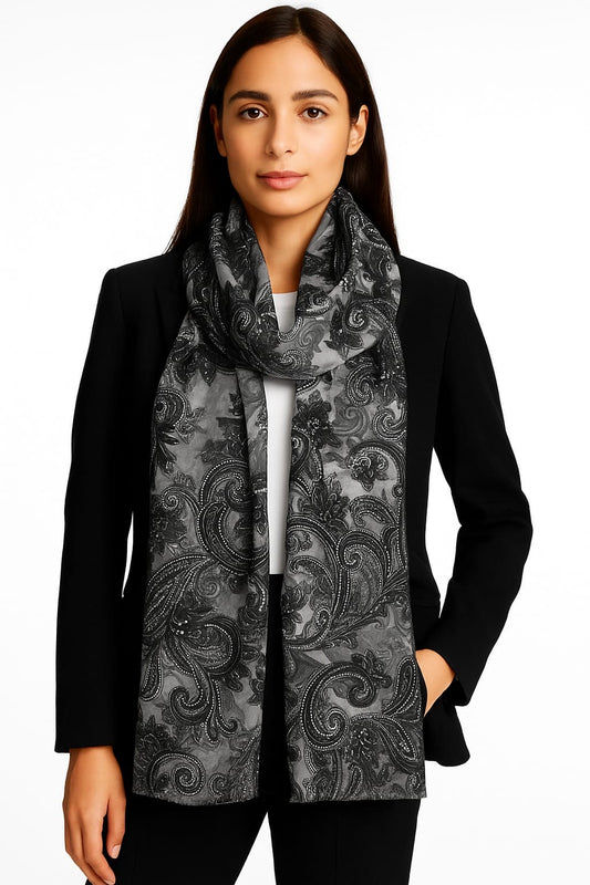 Printed Viscose Wool Hijab - Smoke Black Paisley