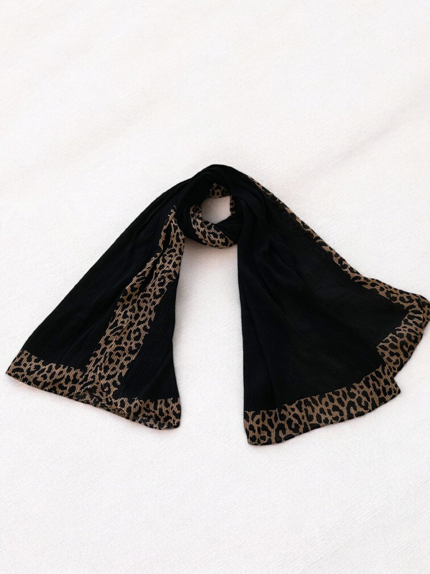 Black Brown Leopard Border Printed Pleated Modal Hijab