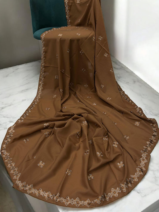 Caramel Brown Grey Floral Diamond Embroidered Shaal
