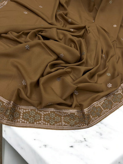 Toffee Brown Beige Honeycomb Fancy Embroidered Shaal