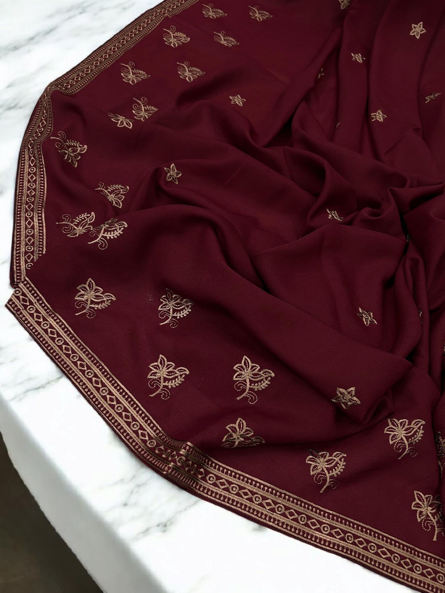 Scarlet Red Fancy Double Embroidered Floral Shaal