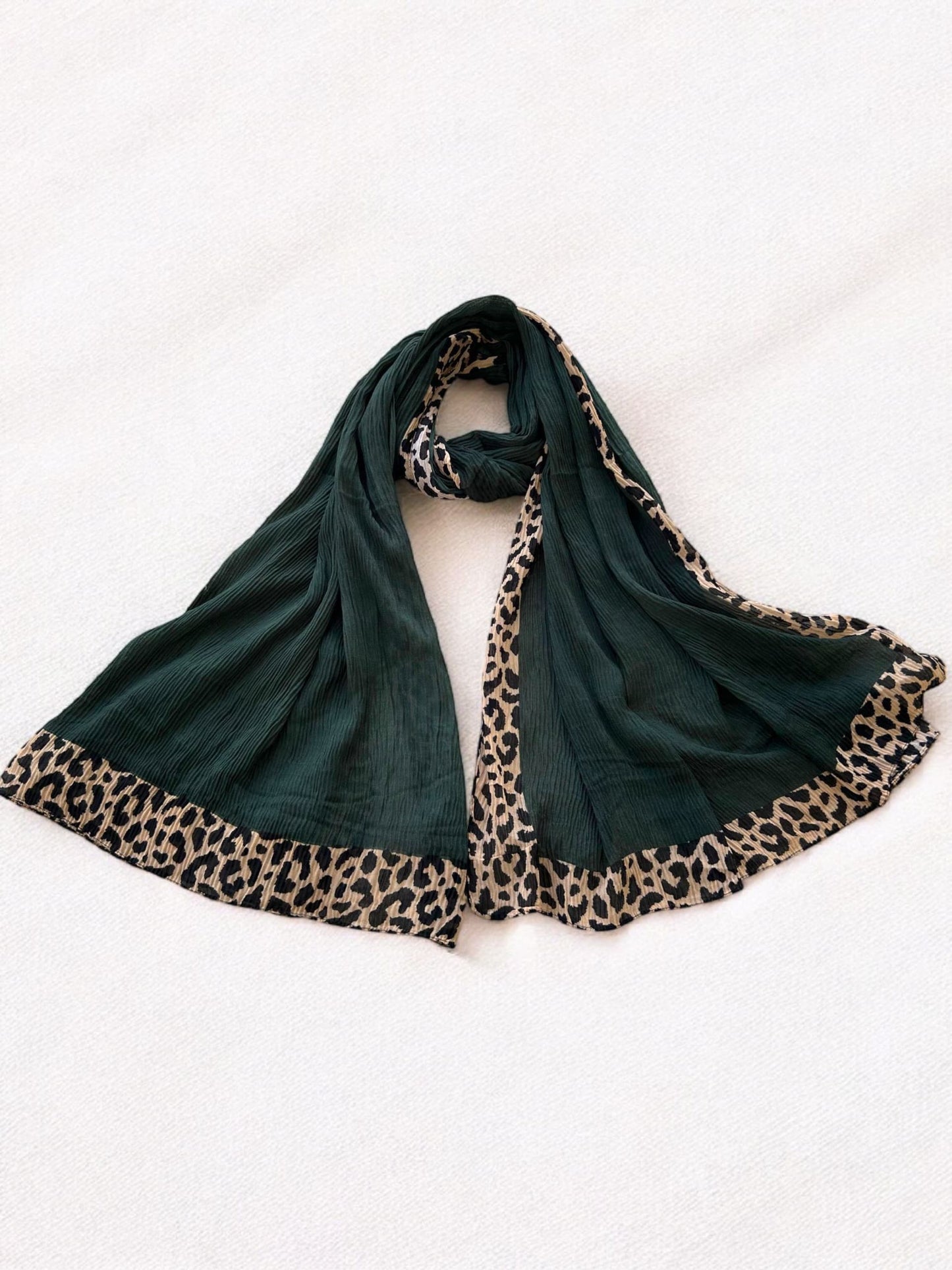 Bottle Green Leopard Border Printed Pleated Modal Hijab