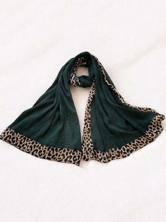 Bottle Green Leopard Border Printed Pleated Modal Hijab