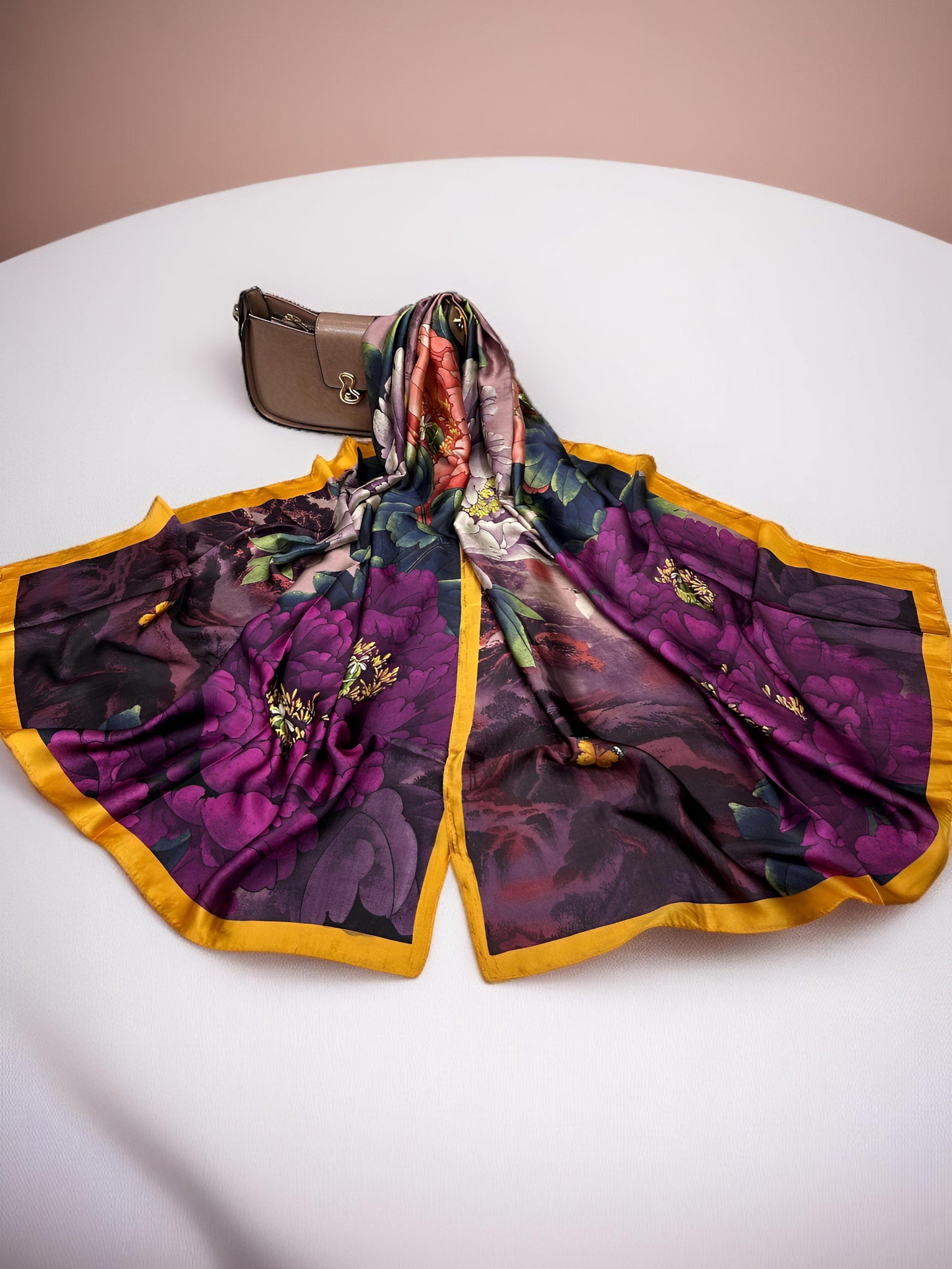 Large Satin Silk Scarf - Plum Hibiscus Floral